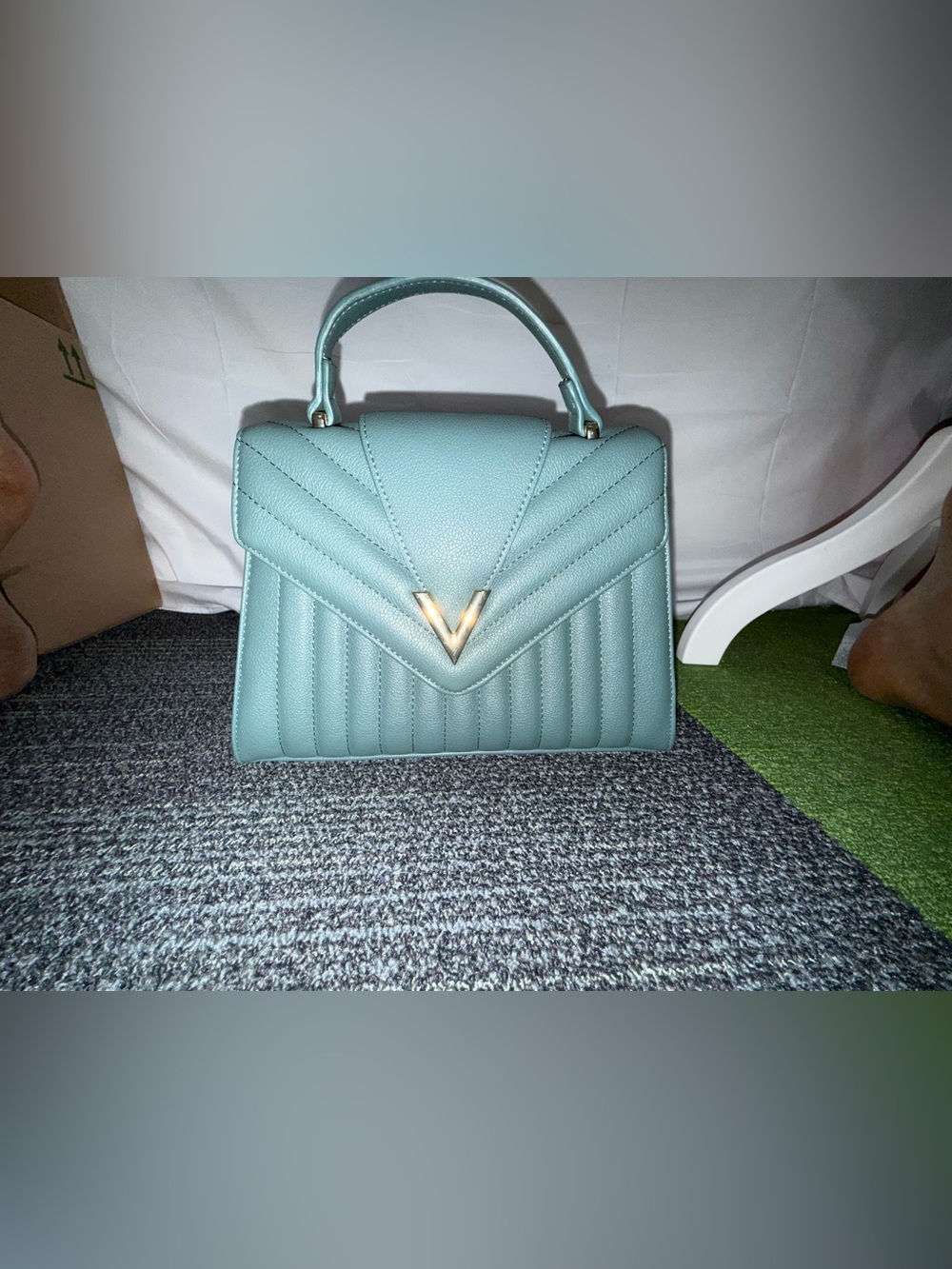Crossi Quilted Top-Handle Satchel in Light Blue